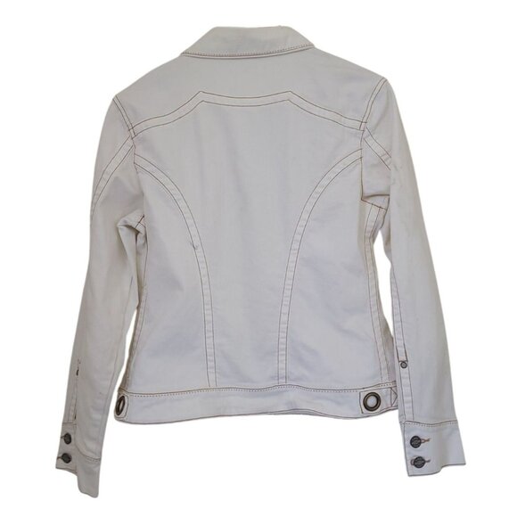 CAbi White Denim Jacket With Button Accents & Zippered Pockets Women's Size M - Picture 2 of 8